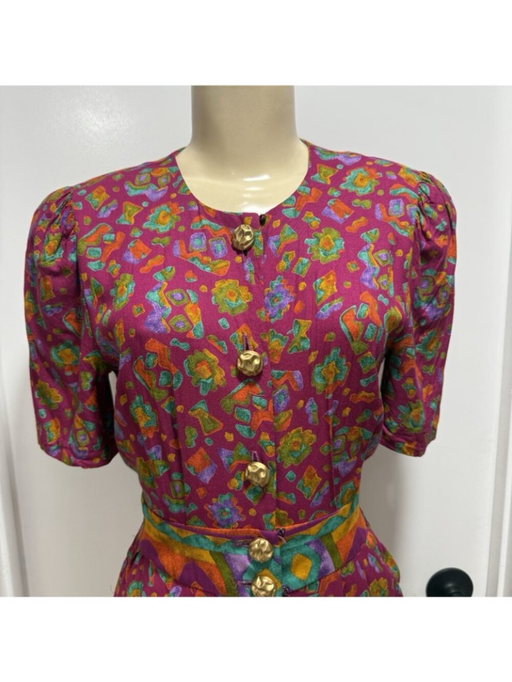 Abstract Geometric Button Front Dress Size 3/4 Vintage 80s Positive Attitude - Picture 3 of 11